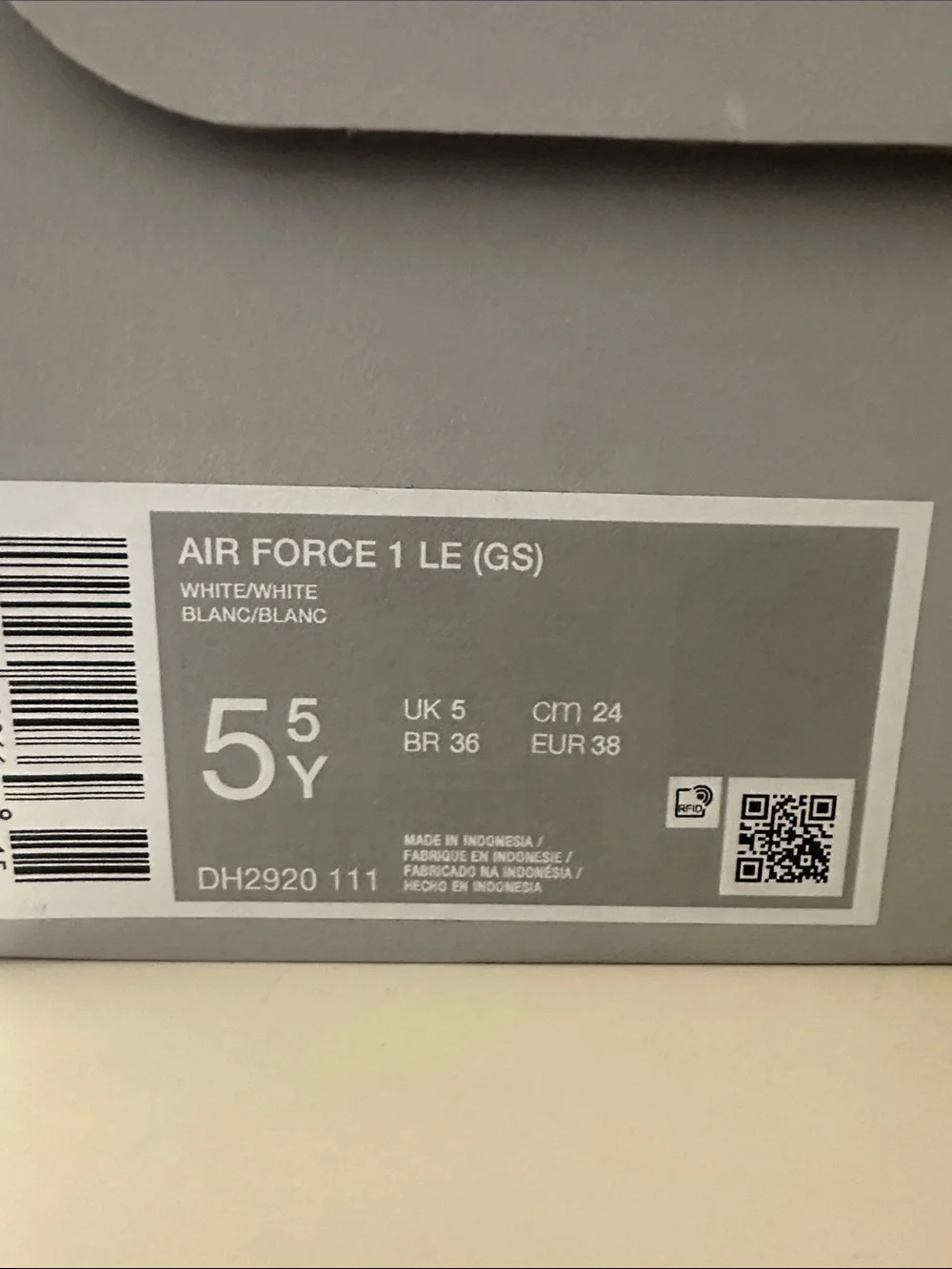 Nike Air Force 1 LE (GS) White/White Shoe Box Label